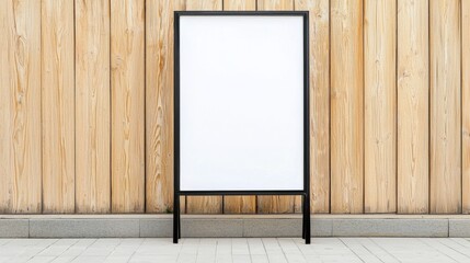 Blank Advertisement Board on Stone Pavement in Front of Rustic Wooden Wall