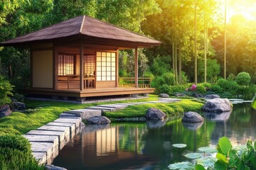 Fototapeta premium Traditional Japanese Tea House in Moss Garden with Reflective Pond