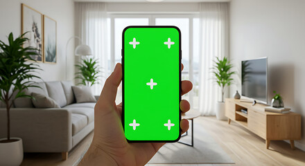 Hand Holding Smartphone with Green Screen Mockup in Modern Living Room Interior