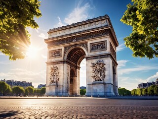 Fototapeta premium Triumphant Arch of Paris with Golden Sun Rays