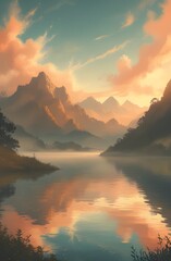 Peaceful Nature Landscape with Morning Fog and Reflections on Serene Water Wallpaper Art

