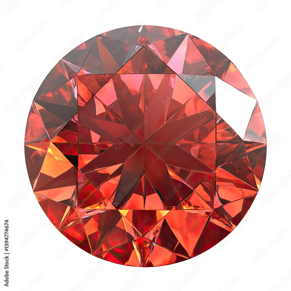 Poster round faceted red gemstone showcasing intricate cuts that reflect light creating color and brillianc