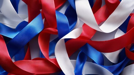 Naklejka premium Red, white, and blue ribbons intertwined, creating an abstract background. Close up view of textured fabric. Festive and celebratory mood.