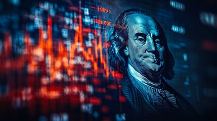 The U.S. economy. Franklin's portrait beside the flag. America's financial market. Graphs next to Franklin's portrait. Concept of economists' predictions for the United States. U.S. government bonds. 