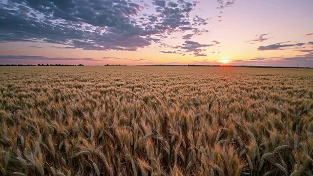 Golden sunset over vast wheat field rural landscape panorama