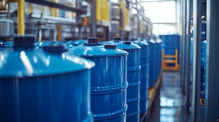 Unloading of plastic barrels. Barrels used in the chemical industry. Blue metal drums. White plastic containers. Chemical sector. The machine delivered chemical materials. 