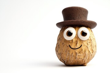 A smiling peanut in a brown top hat, playfully personified with large cartoon eyes.