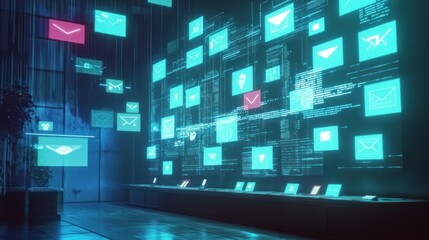 Futuristic email interface with digital icons floating in a modern office.