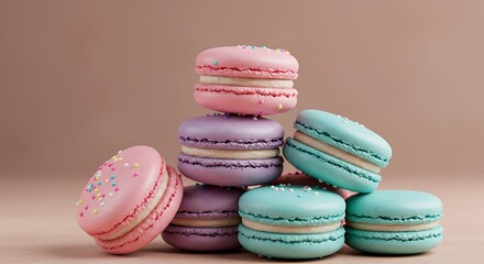 Obraz premium Stack of Pastel Pink Purple and Blue Macaroons on Brown Background