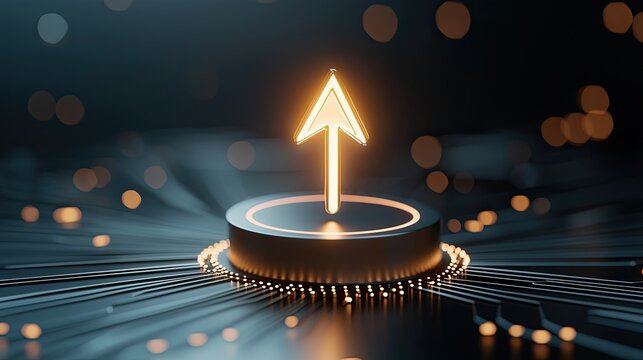 Glowing Arrow Symbol on Futuristic Platform with Light Trails
