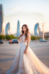 Fototapeta premium young beautiful gorgeous woman in wedding gown standing on road. beautiful city view on background