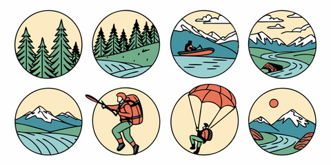 Vintage Style Outdoor Adventure & Nature Scenes Icons: Trees, Mountains, Rivers, Hiking, Kayaking, Paragliding Line Art