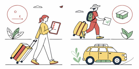Travel Journey Vacation Woman and Man with Suitcases Backpack Car Vector Illustration Flat Design