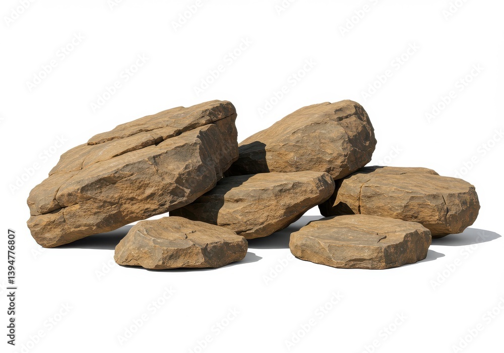 Poster a collection of tan colored rocks stacked together on a white background in a studio setting view is