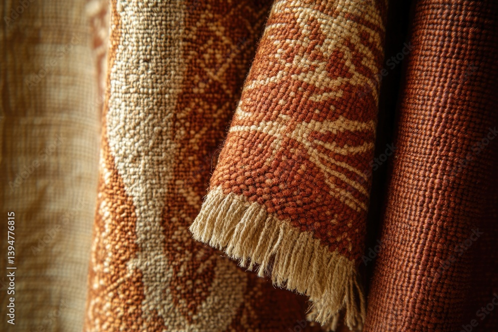 Poster Close-up of rolled-up rugs displaying intricate patterns and textures in warm earth tones.