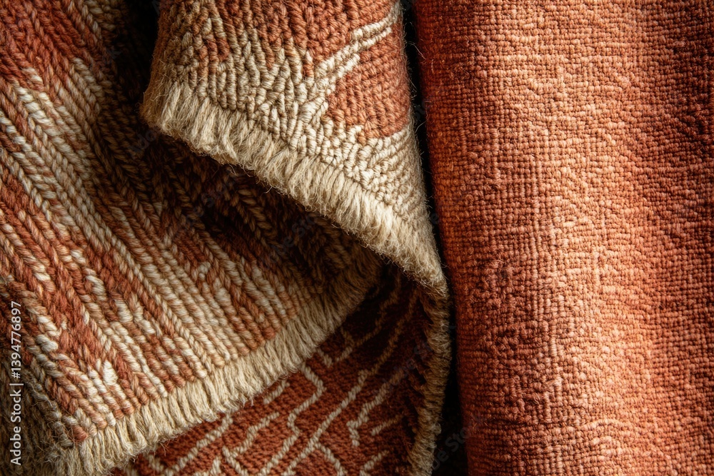Poster close-up of two textured rugs with earthy tones and intricate woven patterns, showcasing the handcra