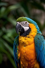 araffe parrot with blue and yellow feathers sitting on a branch