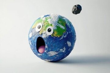 A surprised Earth with a shocked expression faces an approaching asteroid, symbolizing environmental threats.