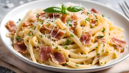 steaming bowl of authentic Italian pasta carbonara, garnished with crispy pancetta and freshly grated Parmesan cheese, a classic comfort food favorite