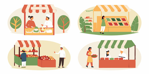 Farmers Market Stalls Illustrations People Buying Selling Fresh Food Produce