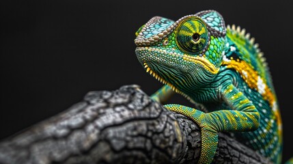 Fototapeta premium Bright green chameleon perched on a grayscale twig its textured skin and curious eyes vividly highlighted in a detailed macro shot