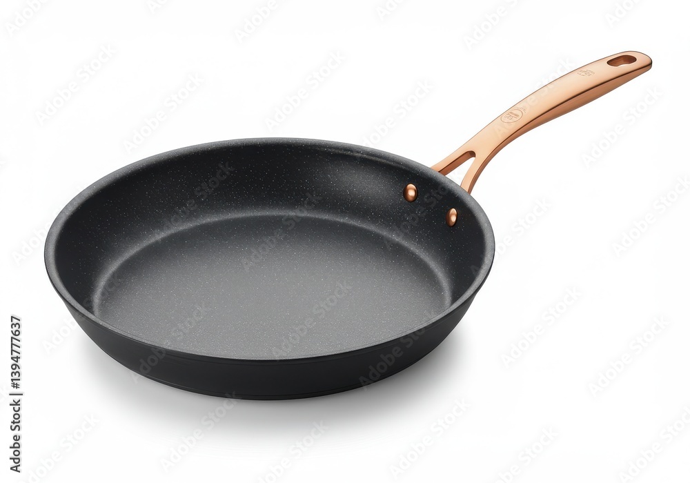 Poster a black nonstick frying pan with a copper colored handle on a white background in a studio shot isol