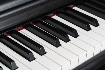 Piano keys close up, musical instrument background, Synthesizer or organ keyboard