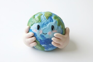 A happy Earth globe is lovingly embraced by gentle hands, symbolizing environmental care and protection.