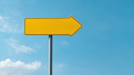 Blank yellow arrow signpost against a clear blue sky with a few clouds. The sign is mounted on a grey metal pole.