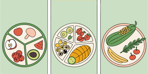 Healthy Food Plates Cartoon Illustration: Fruits Vegetables for Balanced Diet Meals