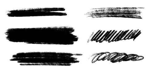 Collection of bold hand-drawn brush strokes and scribbles in black on transparent background. Ideal for emphasis, backgrounds, and artistic design elements. PNG image