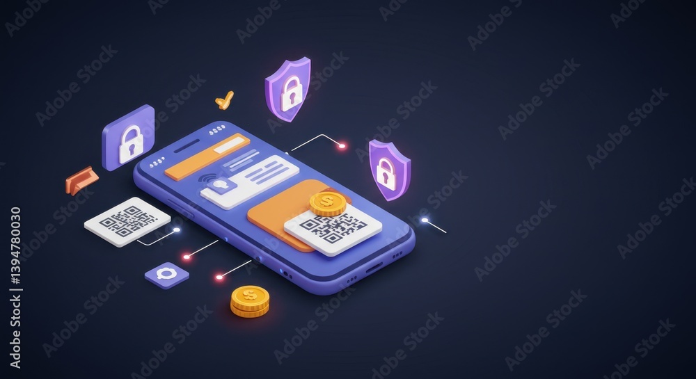 Poster secure mobile payment system: isometric illustration of smartphone with qr code, encryption, and sec