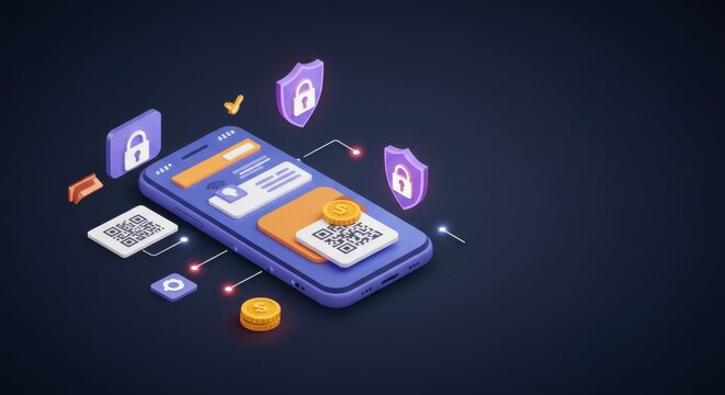 Secure Mobile Payment System: Isometric Illustration of Smartphone with QR Code, Encryption, and Security Features