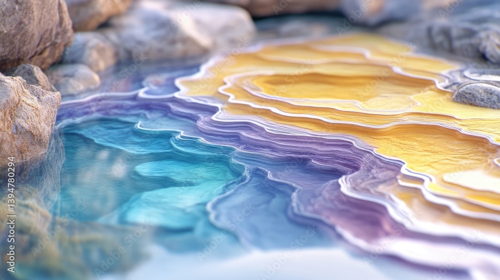 Poster layered terrain reflecting in a tranquil pool. abstract landscape with layered colors and textures