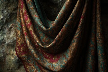 Luxurious teal, gold, and burgundy patterned fabric draped elegantly, showcasing intricate details and rich texture.