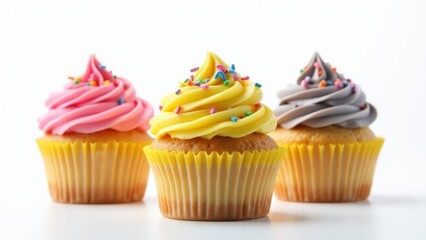 Three Cupcakes With Colorful Frosting And Sprinkles