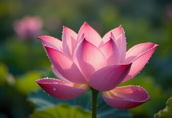 Macro shot of a dew-covered pink lotus flower blooming in early morning light, with a softly blurred natural background