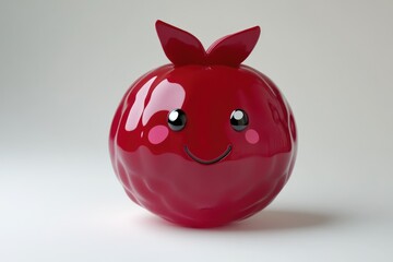 A cheerful, red, glossy cartoon fruit with a happy face and small leaf-like appendages.