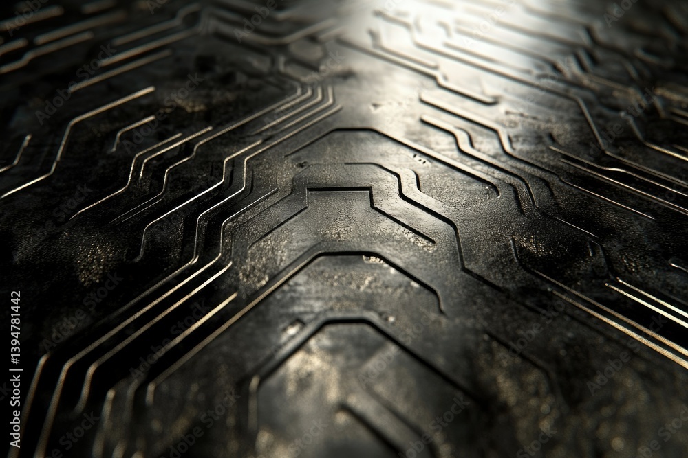 Poster Dark metallic surface with intricate circuit-like patterns, resembling futuristic technology.