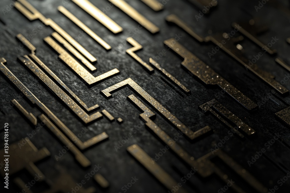 Fototapete Abstract image of intricate gold circuitry on a dark background, resembling a technological maze or complex network.
