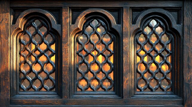 Ornate, aged dark wood lattice with glowing light shining through the windows