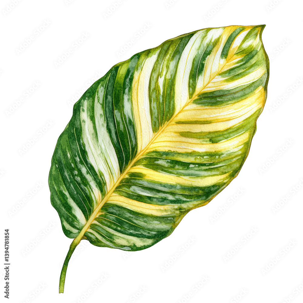Poster a large green and yellow striped leaf showcasing intricate patterns and textures ideal for botanical