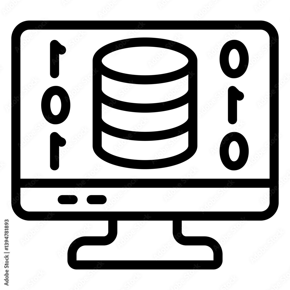 Poster disks array on monitor line icon, data and storage concept. vector graphics. computer backup, displa