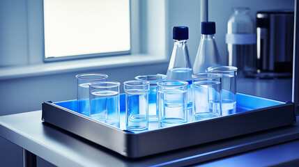 Laboratory glassware on steel tray, a precise arrangement symbolizing scientific rigor and methodical research.