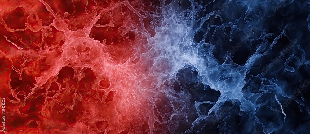 Poster a vibrant abstract representation of swirling red and blue smoke, creating a dynamic and energetic v