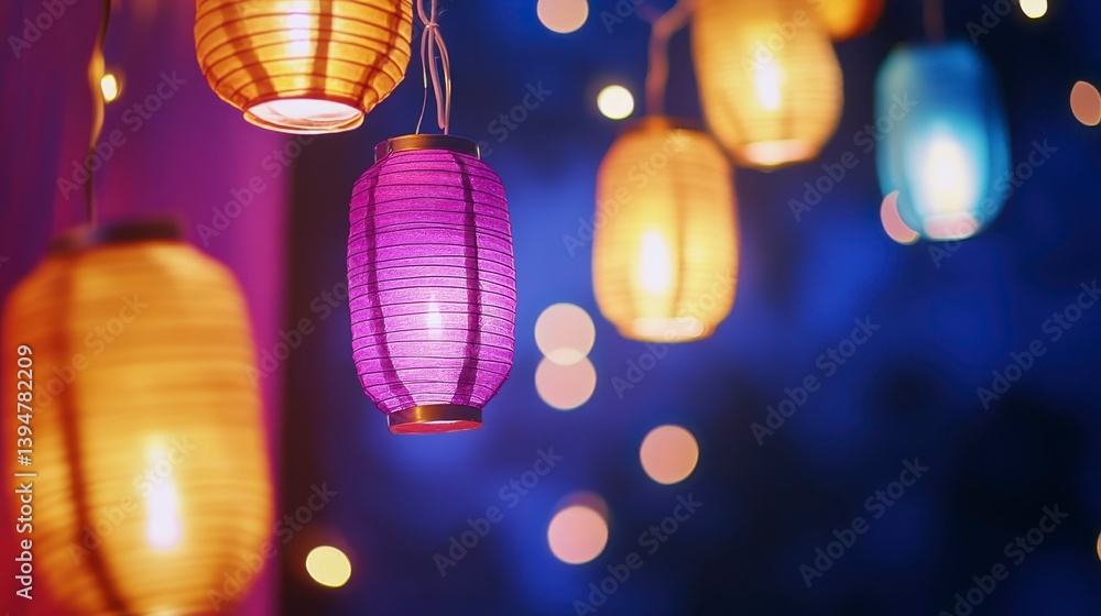 Aufkleber illuminated paper lanterns of various colors and shapes hang against a blurred blue and purple backg