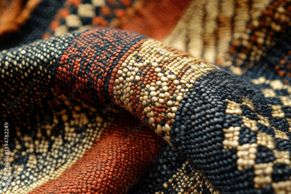 Aufkleber close-up view of intricately woven fabric with rich, earthy tones and textured patterns.