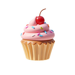 Cupcake with Sprinkles and Cherry 3D Render Icon Illustration Cute Cartoon Style Design Element