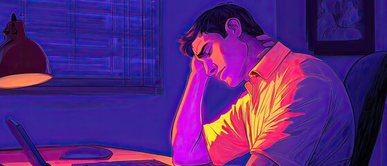 A young man sits at a desk, stressed and contemplative, illuminated by soft light, with a laptop in front of him and a shadowy background.