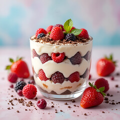  a glass bowl of tiramisu topped with a mix of fresh berries, such as raspberries and strawberries, alongside chocolate shavings.